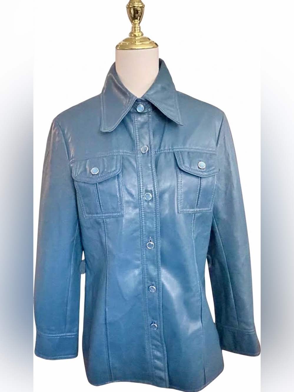 Vintage 70s White Stag Blue Faux Leather Shacket Utility Jacket Size 16